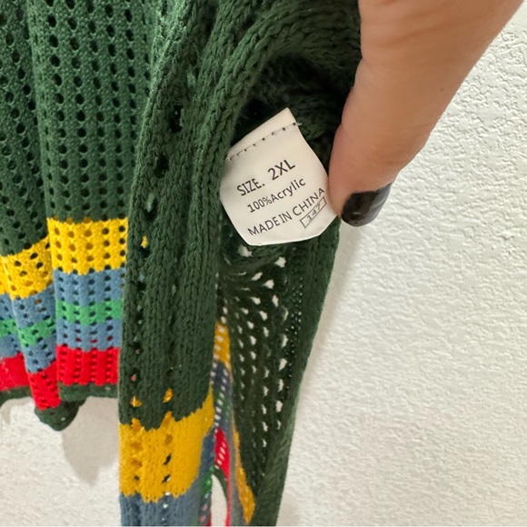 Crochet Knit Sweater Dress Tunic Green Multicolor Stripes 2XL – Fall Layering - Picture 3 of 9